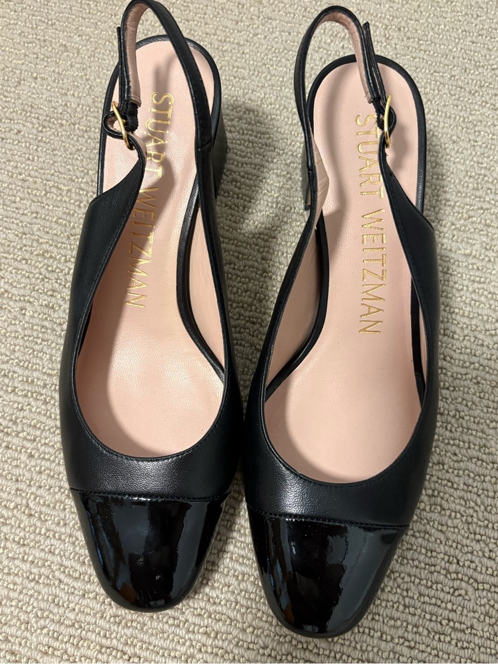 Stuart Weitzman Black Leather & Patent Slingback Mules